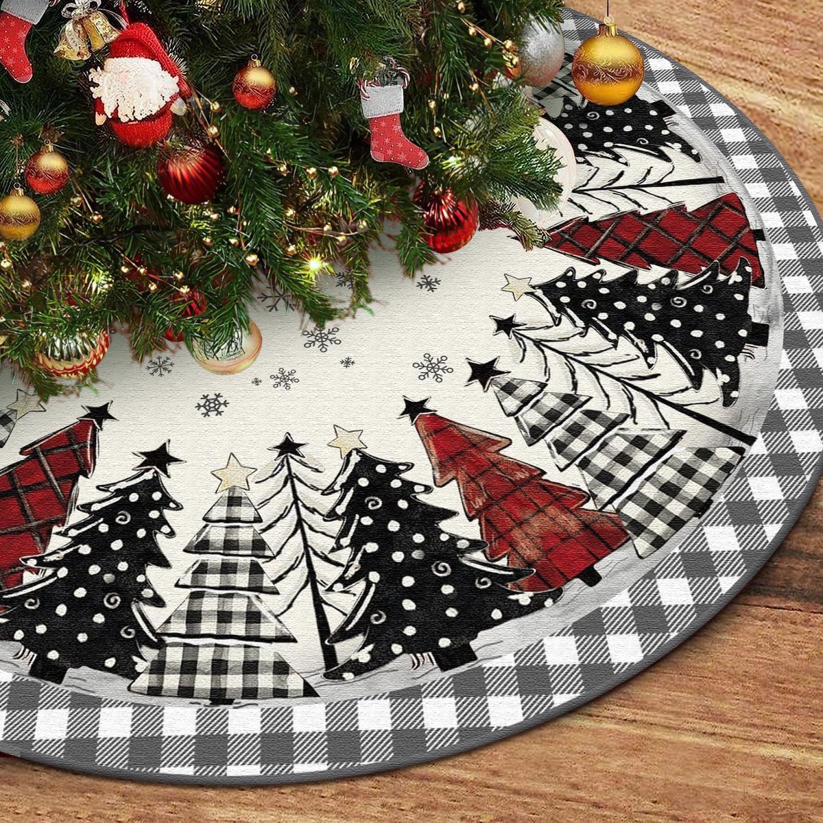 Kerstboomdeken Rond 122 cm - Rood en Zwart Buffalo Ruit - Kerstboom Motief - Creëer een Warme Sfeer - ShopVlot