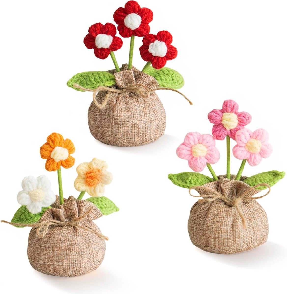 Gehaakte bloemen 3 stuks - handgemaakt - kleine zonnebloem - geluksbrenger voor vrouw - ShopVlot