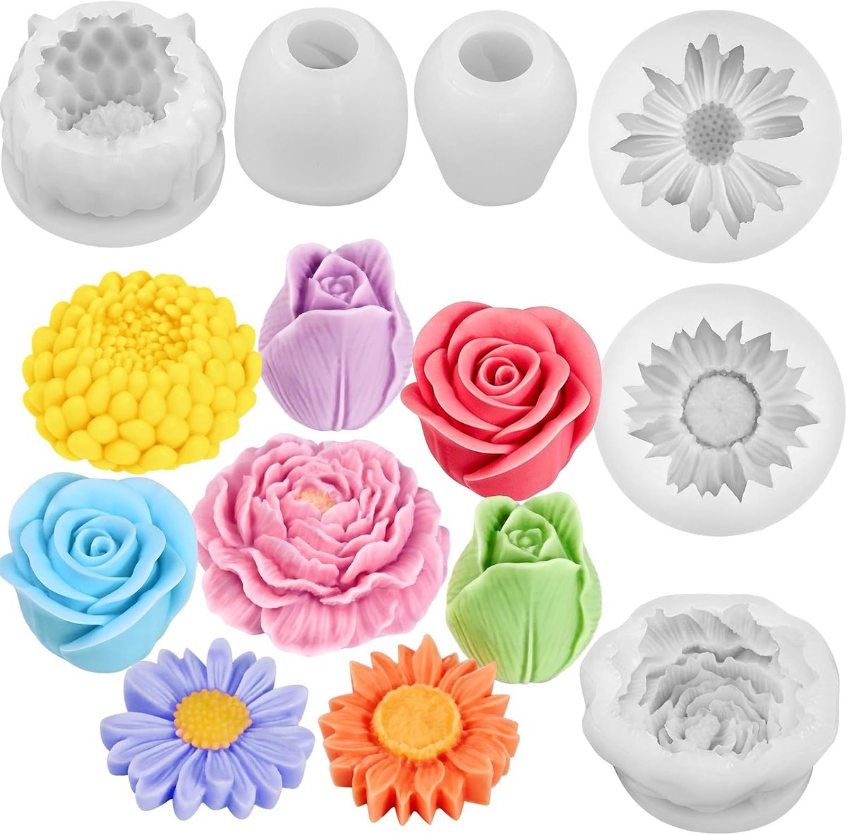 Siliconen gieten mallen bloemen 6 stuks - roos, tulp, zonnebloem, dahlia - fijne details - ShopVlot