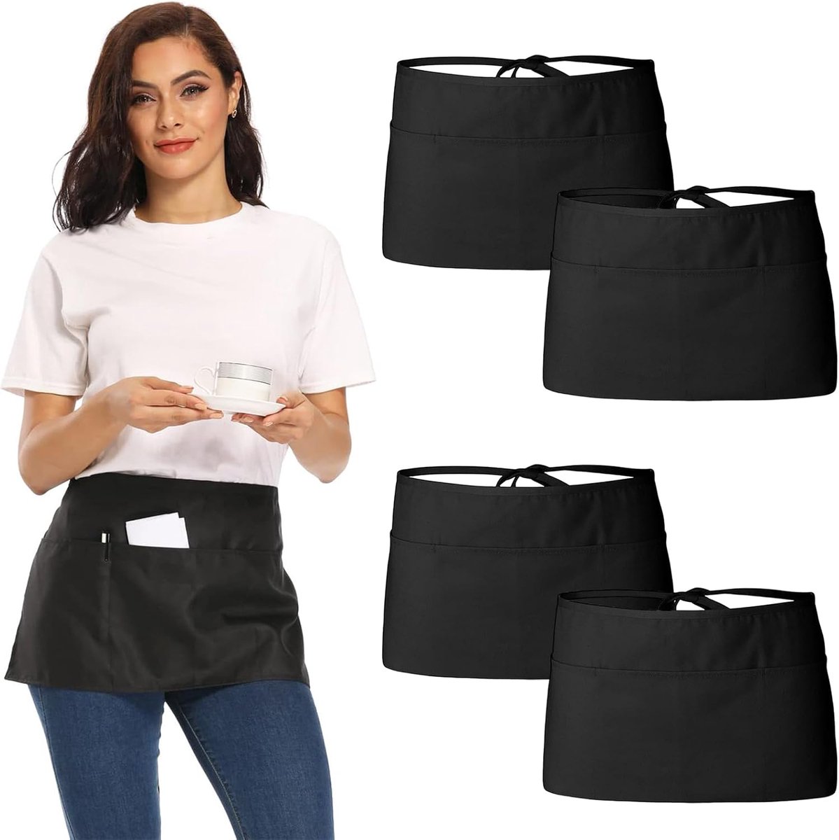 Schort met voorbinders 4-pack - zwart - waterdicht - 3 pockets voor restaurant en koken - ShopVlot