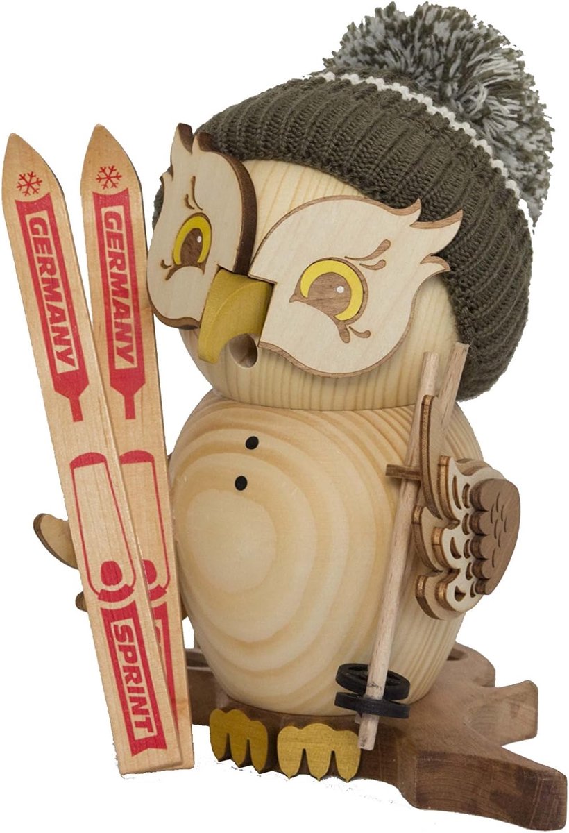 Rookfiguur uil skiër - 15 cm - massief hout - traditionele kunst uit het Erzgebergte - SnelShoppen