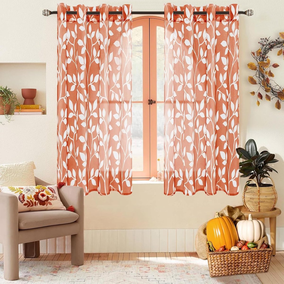 Transparante gordijnen 160 cm - set van 2 - oranje rood met bladeren - natuurlijke uitstraling voor woonkamer - SnelShoppen
