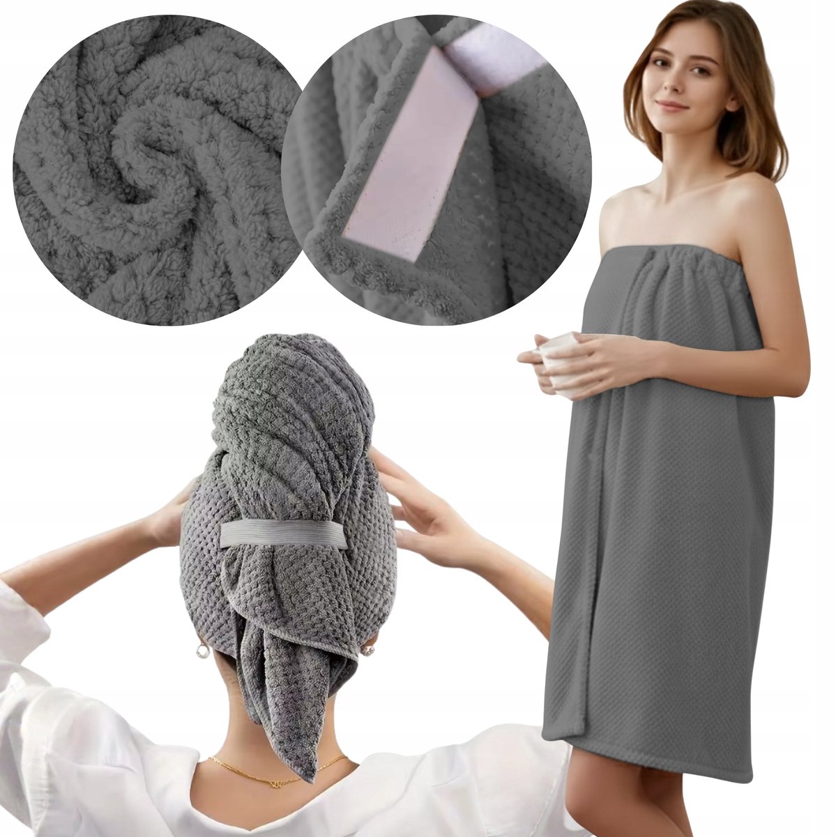 Microvezel Handdoek & Haartulband Set - Grijs