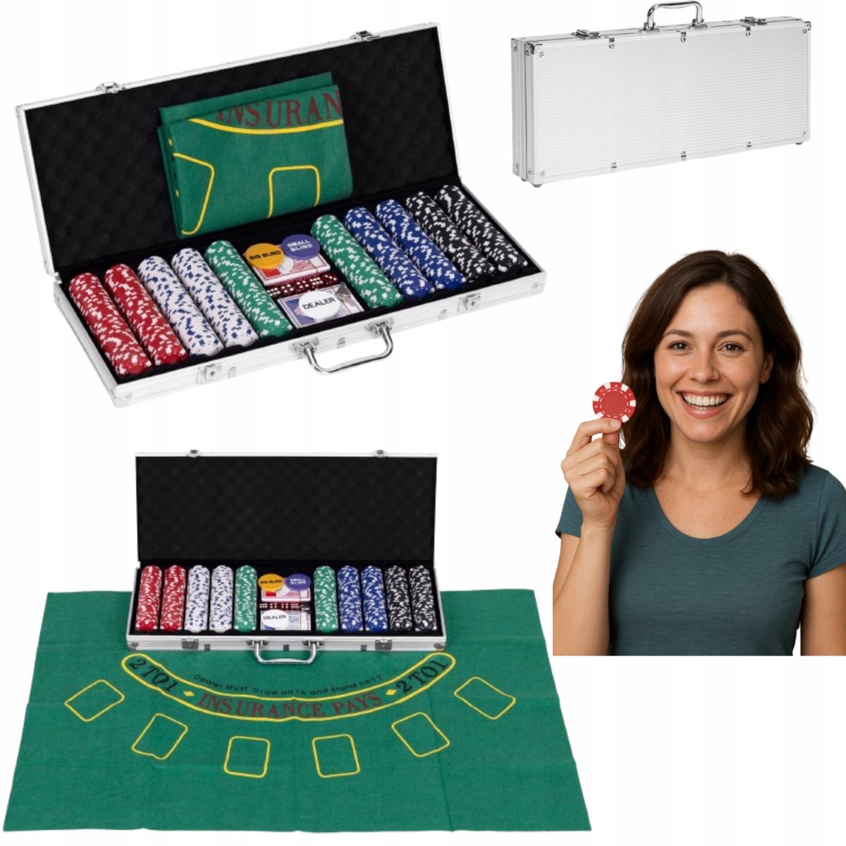 Compleet Poker & Blackjack Spel: 500 Chips, 2 Dekken Kaarten, Dobbelstenen, Koffer