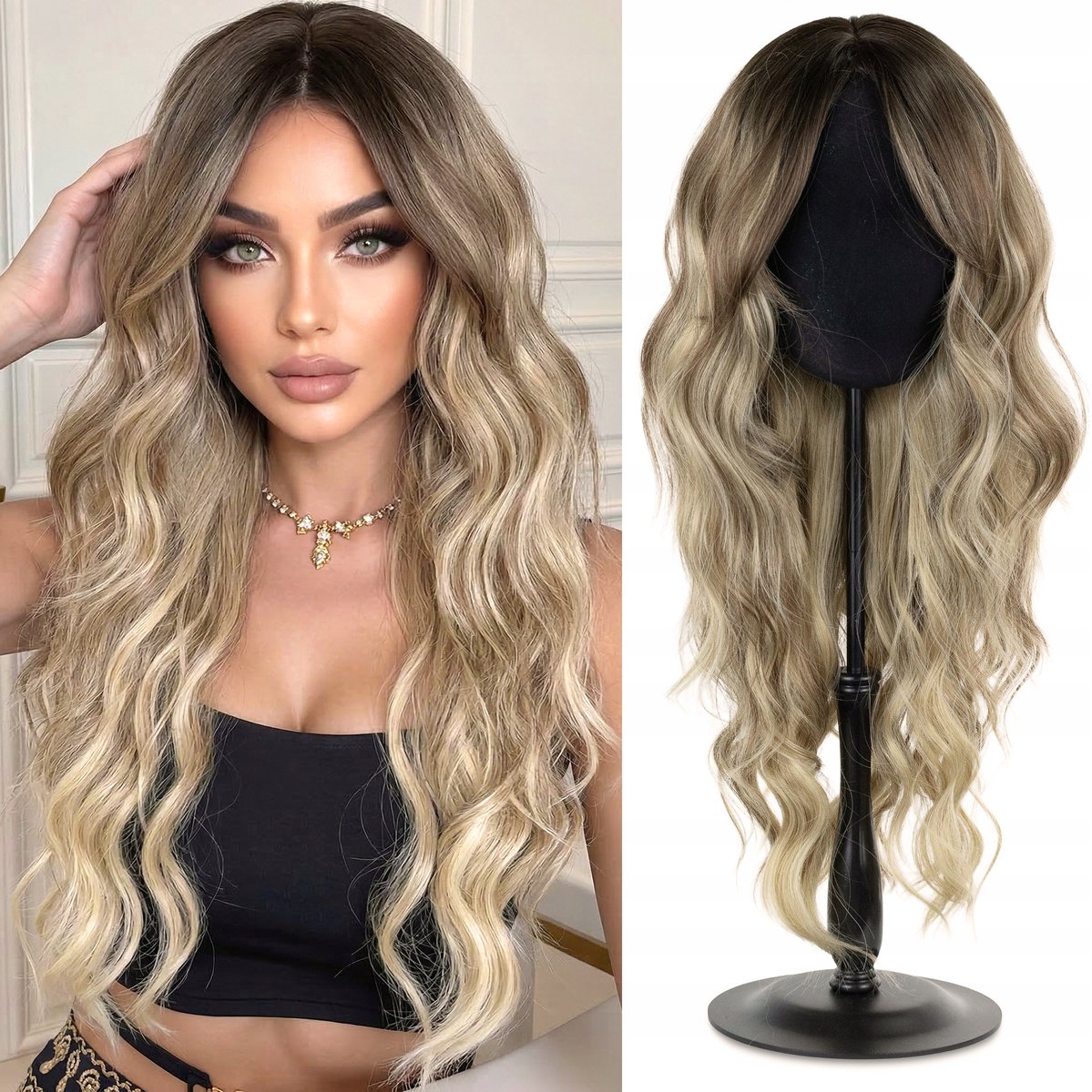 Synthetische Pruik met Pony - Lange Golven Blond/Bruin Highlights