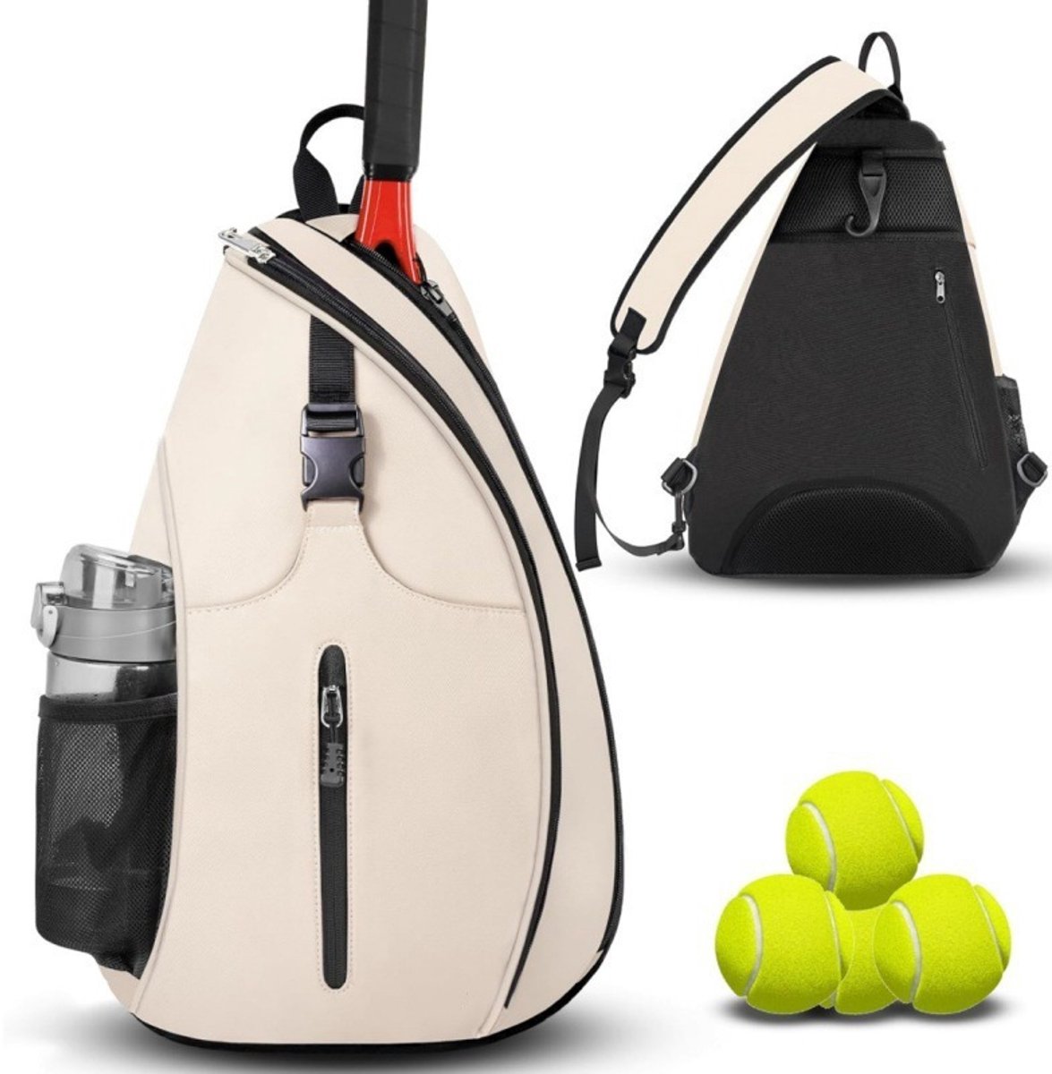 Geweo Tennistas Slingbag - Sporttas voor Tennis - Tennis Rugtas - Met Verstelbare Riem & Veilig Achtervak - 33x14x49cm– Wit
