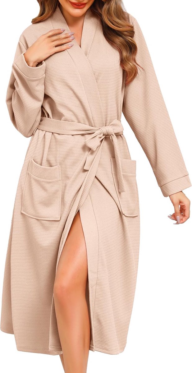 Damesbadjas Lange Sexy V-hals - Lichtgewicht Wafelstof - Ideaal voor Wellness - S-XXL - SnelShoppen