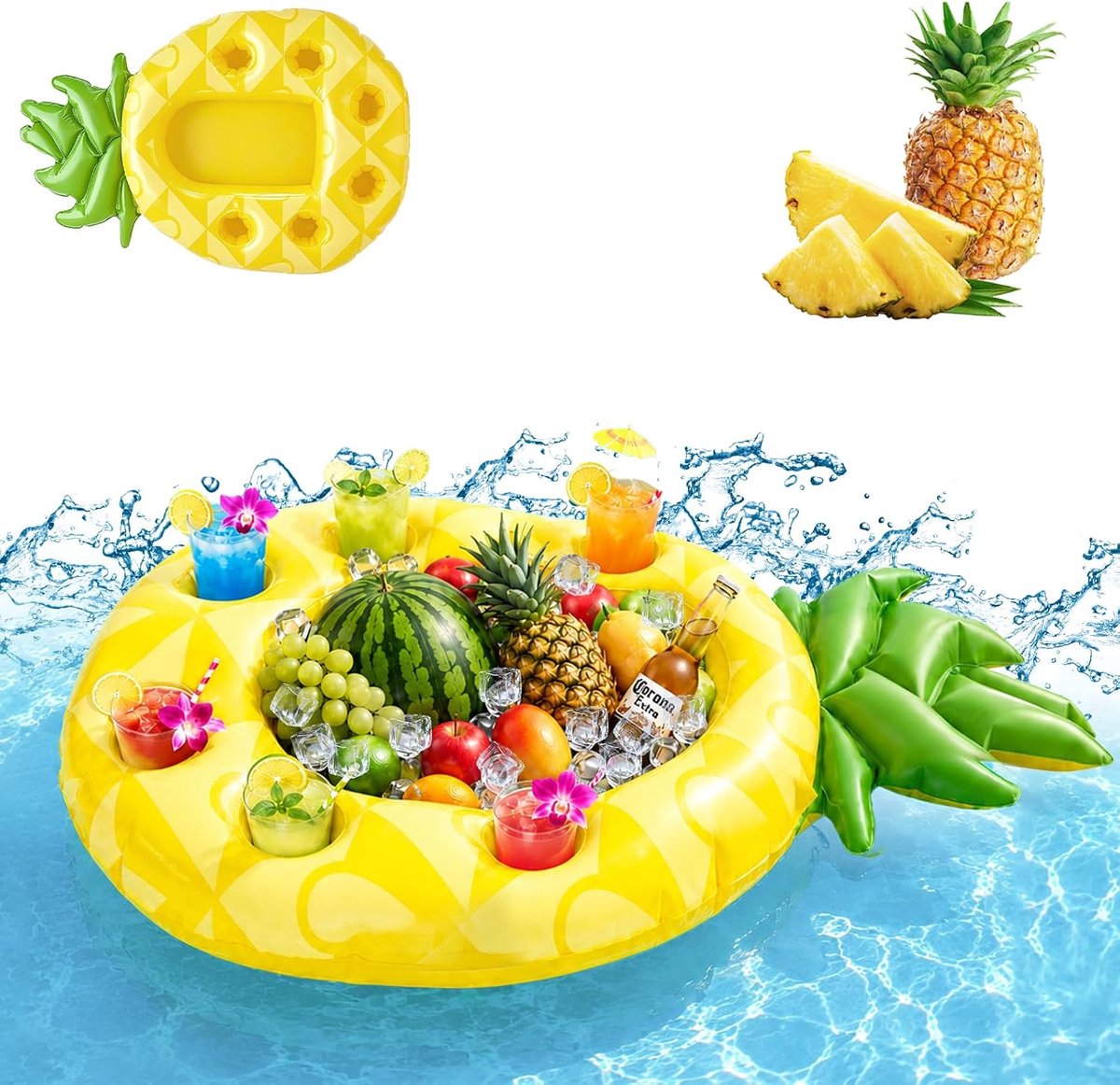 Bekerhouder zwembad 2-in-1 - opblaasbare ananas - grote capaciteit - drijvend dienblad voor snacks en drankjes - ShopVlot