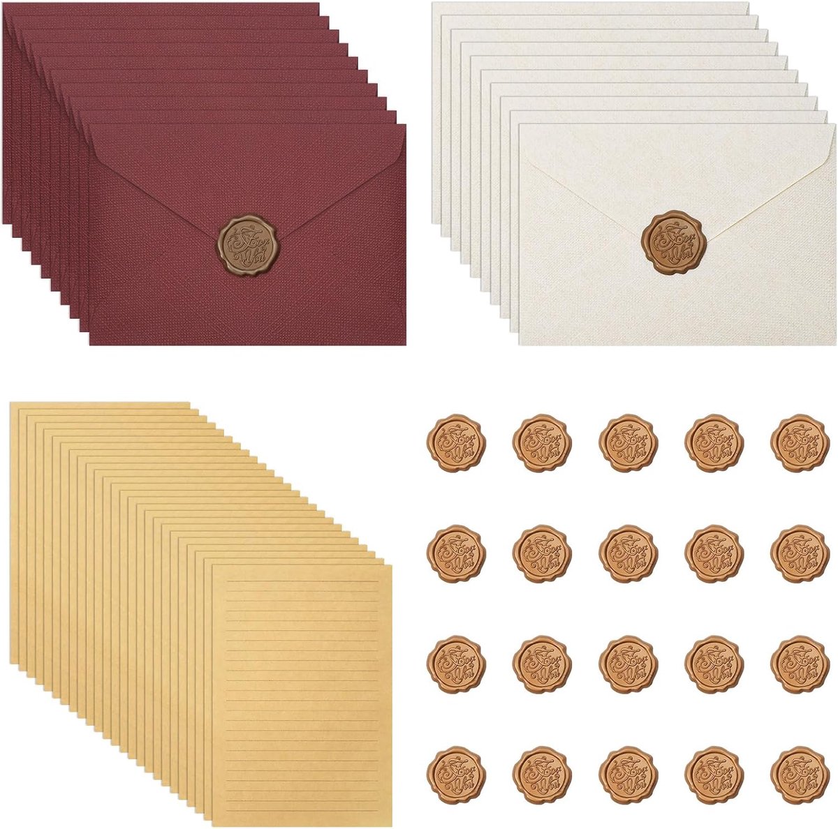 Briefpapierset 65 stuks - 10 witte en 10 donkerrode enveloppen - vintage design - ShopVlot