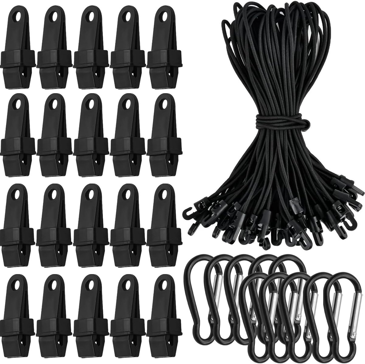 Outdoor set tarpaulin clips - 20 nylon clips + 20 elastische banden met haken - 10 carabiners - ShopVlot