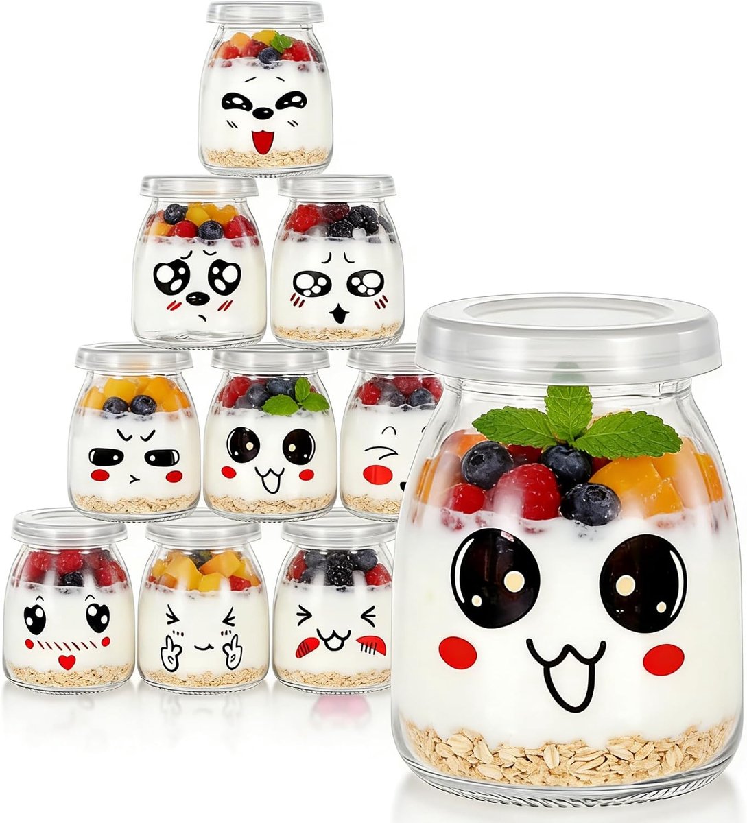 Yogurt glazen 100 ml - set van 10 - met emoji gezichten - ideaal voor desserts - ShopVlot