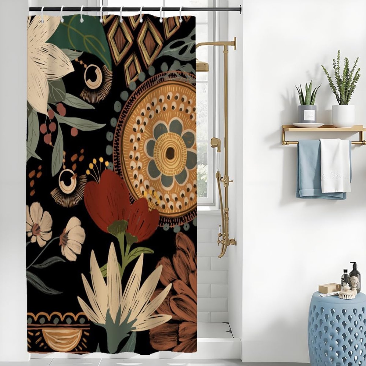 Douchegordijn 120 x 200 cm - boho-stijl met abstracte bloemen - waterdicht en anti-schimmel - ideaal voor jouw badkamer - ShopVlot