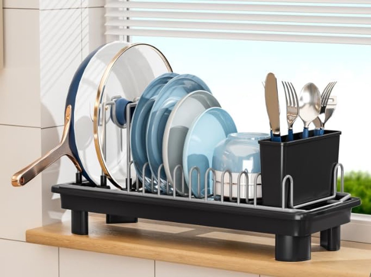 Afwasrek 43 x 17,5 cm - RVS met 360° draaiafvoer - 2 grote + 8 kleine slots - Directe waterafvoer - ShopVlot