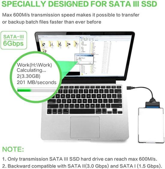SATA naar USB C Adapter - Harde schijf kabel - Opslag uitbreiden - Ondersteunt 6Gbps UASP - 2.5 inch - Zwart — afbeelding 3