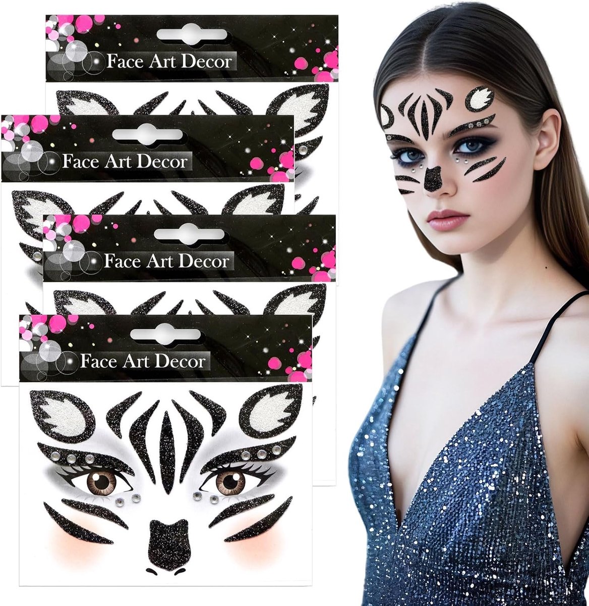 Gezichtstatoeages zebra - 4 stuks - tijdelijke glitterstickers - perfect voor carnaval - ShopVlot