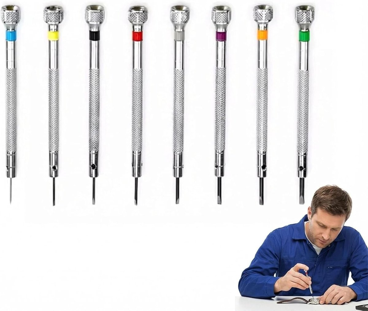 Mini Precisie Schroevendraaierset 8-Delig, 0,6–2,0 mm voor Horloges | Precieze sleufpunten, compacte set voor fijnmechanica, brillenreparatie, modelbouw, sieraden en horlogebatterijen (Zilver)