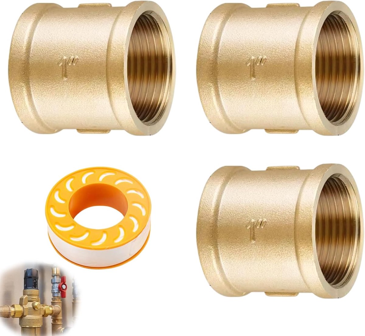 1 inch 3 stuks binnendraad verbindingsstuk dubbele | Messing 1" IG/IG messing dubbele binnendraad aansluiting met plakband voor verwarming, doe-het-zelfprojecten en sanitair