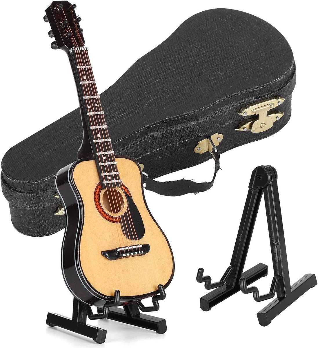 Miniatuur gitaar, klein muziekinstrument 15 cm zwart ornament voor poppenhuis en home decoratie