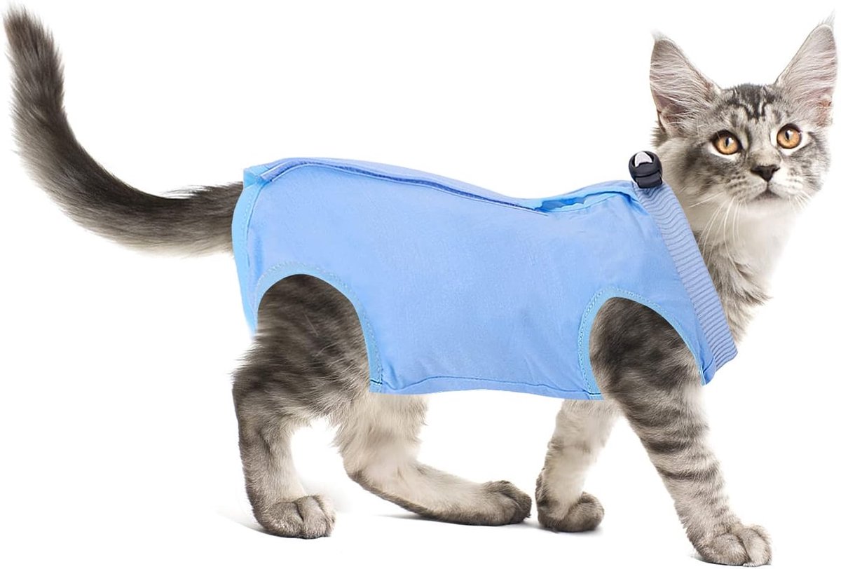 Professioneel herstelpak voor katten, na operaties, voor buikwonden of huidziekten, alternatief voor E-kraag voor katten, anti-likken, pyjamapak, kittens, chirurgie, herstelpak (blauw, maat M)