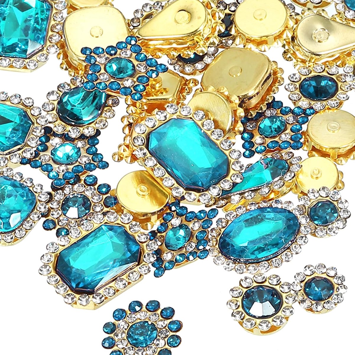 Naai op strass kristallen, 50 stuks gemengde vormen glazen edelstenen metalen basis bloem klauw steentjes voor ambachtelijke schoenen jurk kleding riem naaien decoratie, blauw (0,9 cm - 1,9 cm