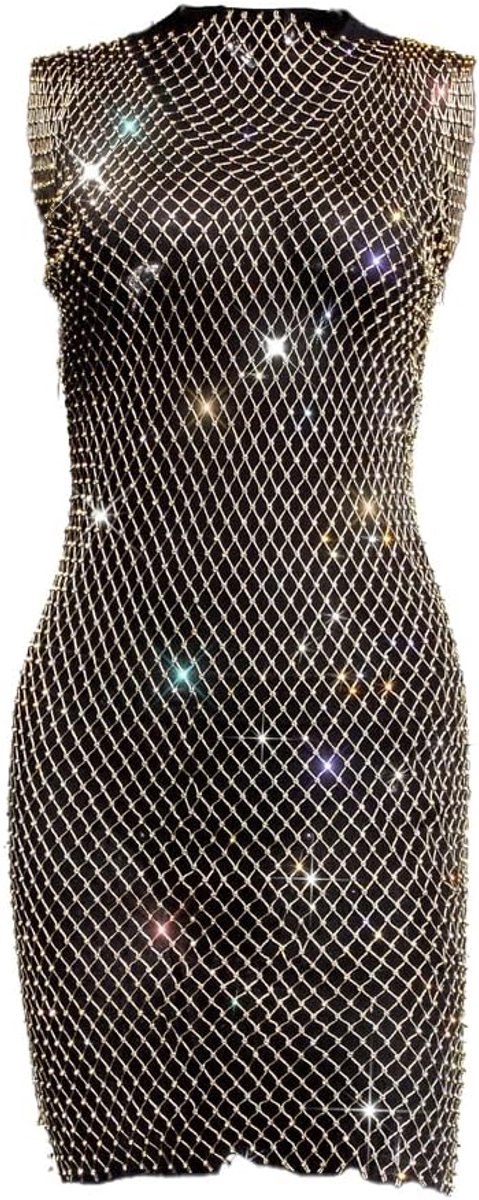 Damesjurk met strassteentjes, doorzichtige mesh-jurk, glanzende strass-steentjes, mouwloos, transparant, glitter, strandwrap strandjurk, midi-jurk, visnet, cover, netrok voor party