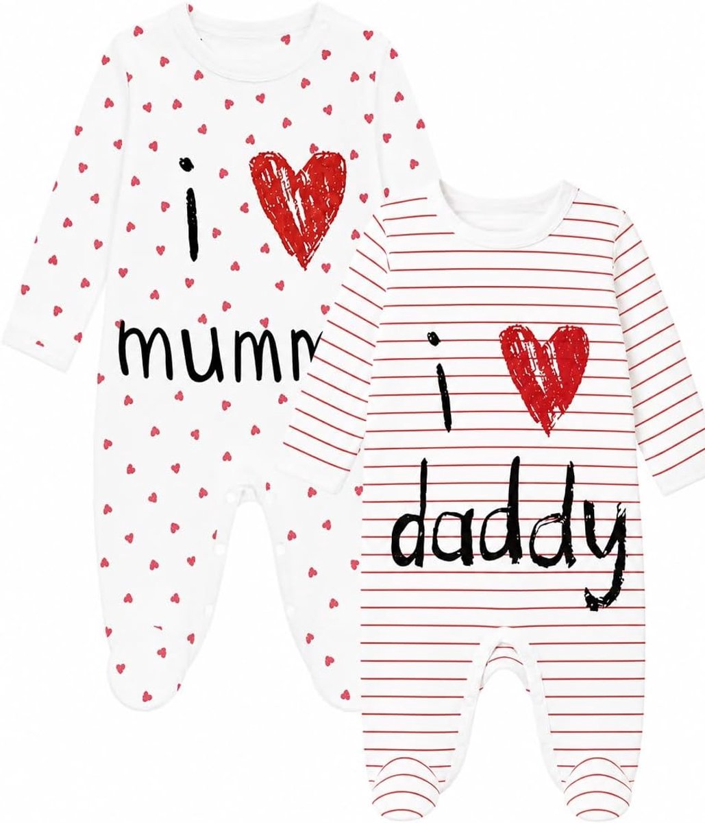 Set van 2 babypyjama's, katoen, I Love Mummy Daddy, rompertje | Jumpsuit met lange mouwen en voetjes, uniseks, pasgeborenen, jongens en meisjes, 0-18 maanden