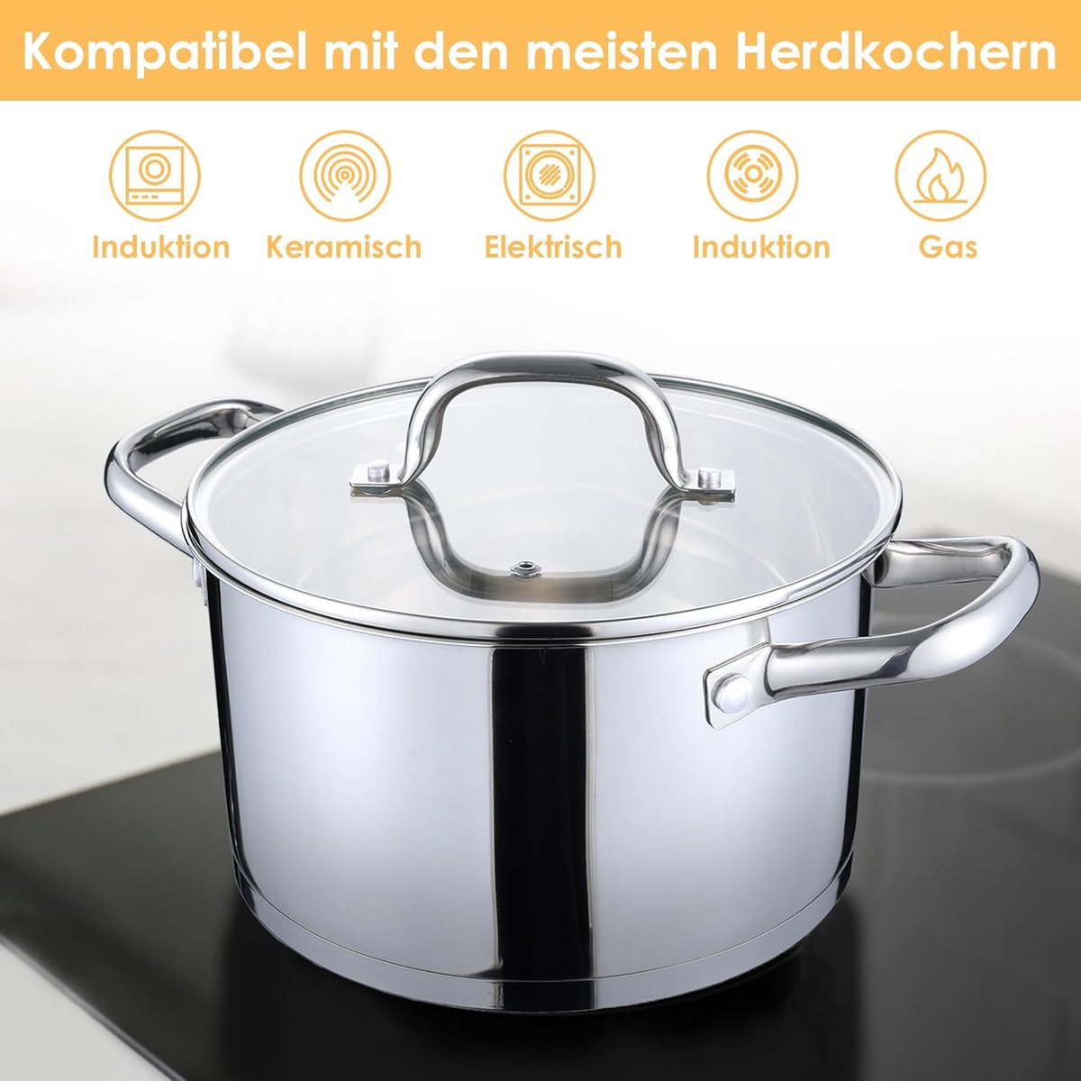 Kookpan 24 cm, 5,6 l, roestvrij staal, soeppan, inductiepan met glazen deksel, noedelpan, vleespan, groentepan voor alle warmtebronnen, ongeverfd en vaatwasmachinebestendig
