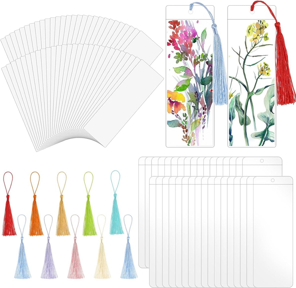 Boekenleggers set, 60 stuks papieren boekenleggers knutselen met 60 kleurrijke kwasten, inclusief 60 transparante boekenleggershoezen, voor school, creatieve projecten, DIY handwerk