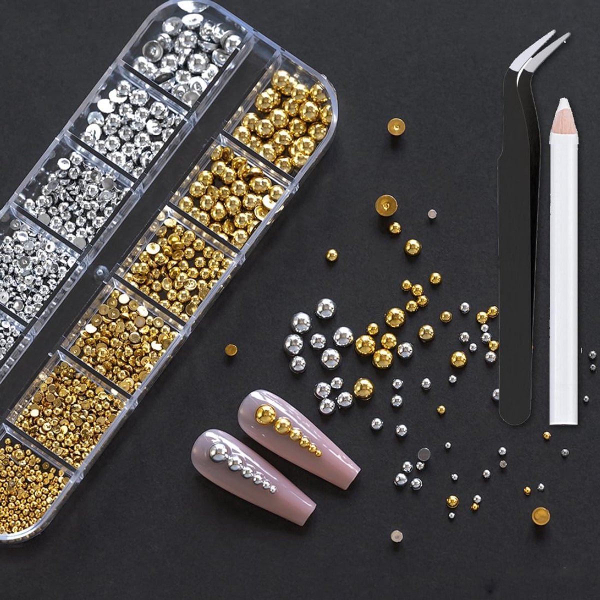 1 doos platte nageldecoratie, mini-nail-caviar kralen, strasssteentjes, kleine halfronde roestvrijstalen kralen, goud-zilver