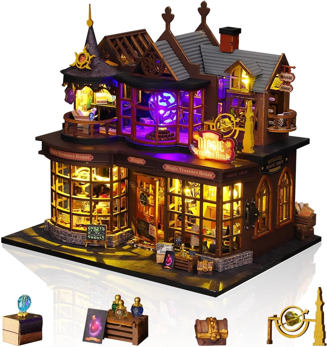 Miniatuurhuis bouwpakket voor volwassenen, schathuis | Met ledverlichting en miniatuurmeubels, gezellige decoratieve knutselset, uniek cadeau voor Kerstmis en verjaardagen