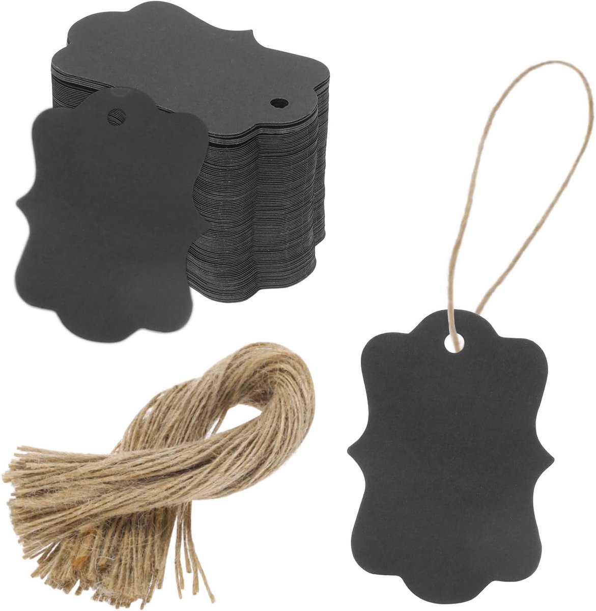 100 stuks kraftpapier cadeaulabels met koord, 5 x 7 cm houten geslepen papieren etiketten, zwarte cadeautassenhangers voor prijsetiketten, kerstcadeau, doe-het-zelf knutselwerk