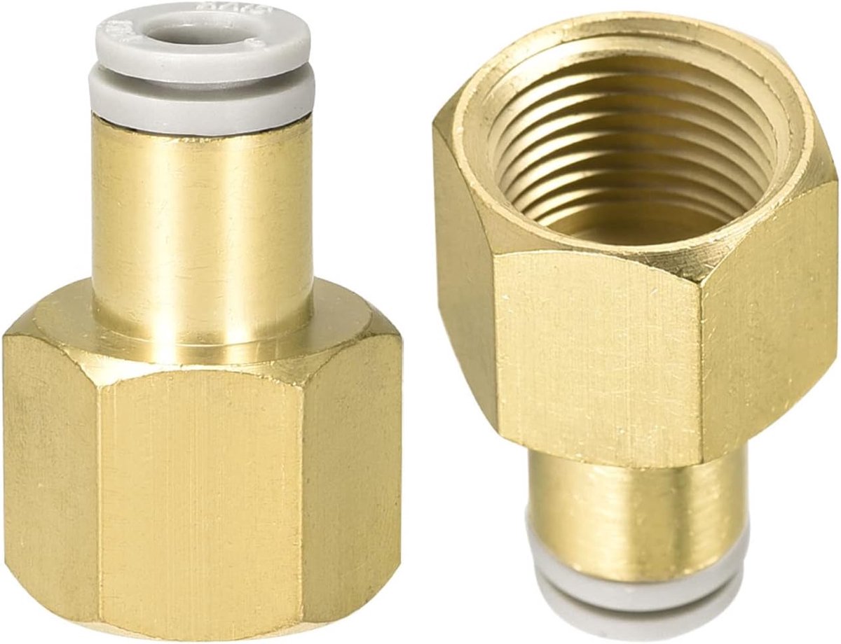 2 stuks 3/8 PT vrouwelijke pijpfitting - rechte unie, push to connect fittingen, van toepassing op pneumatisch systeem (6 mm ID, goud)