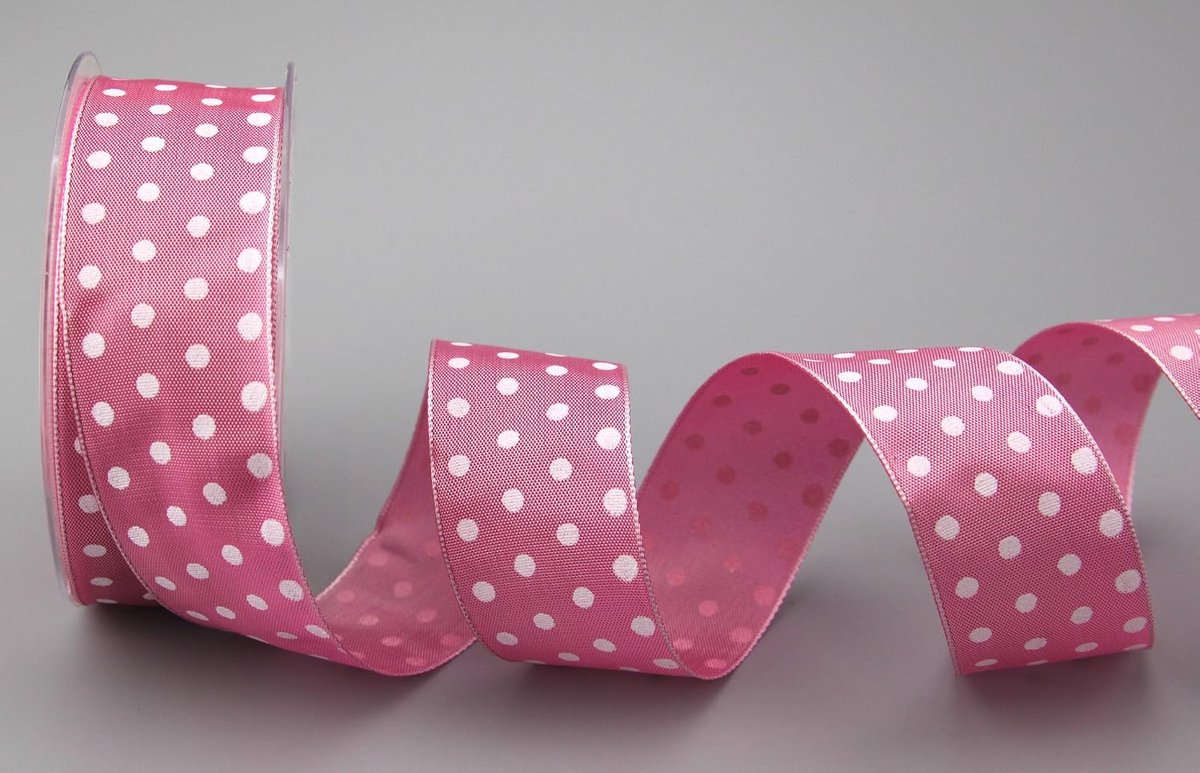 Decoratielint (€ 0,93/m) stippen roze (middelroze) / wit 20 m x 40 mm rol cadeaulint met draad taftlint gestippeld polkadot vrolijk Pasen verjaardag kinderen lint van FINEMARK