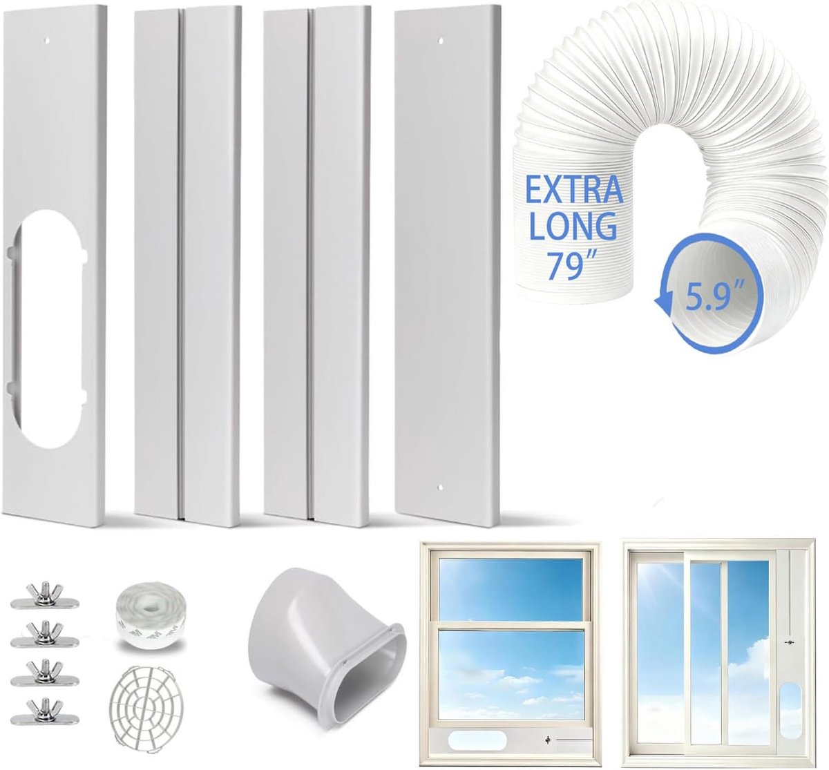 Ventilatieset voor ramen, draagbare airconditioning, raamafdichting voor 13/15 cm (5/5,9 inch) airconditioning uitlaatslang, draagbare AC-raamset, verstelbare lengte 43-140 cm