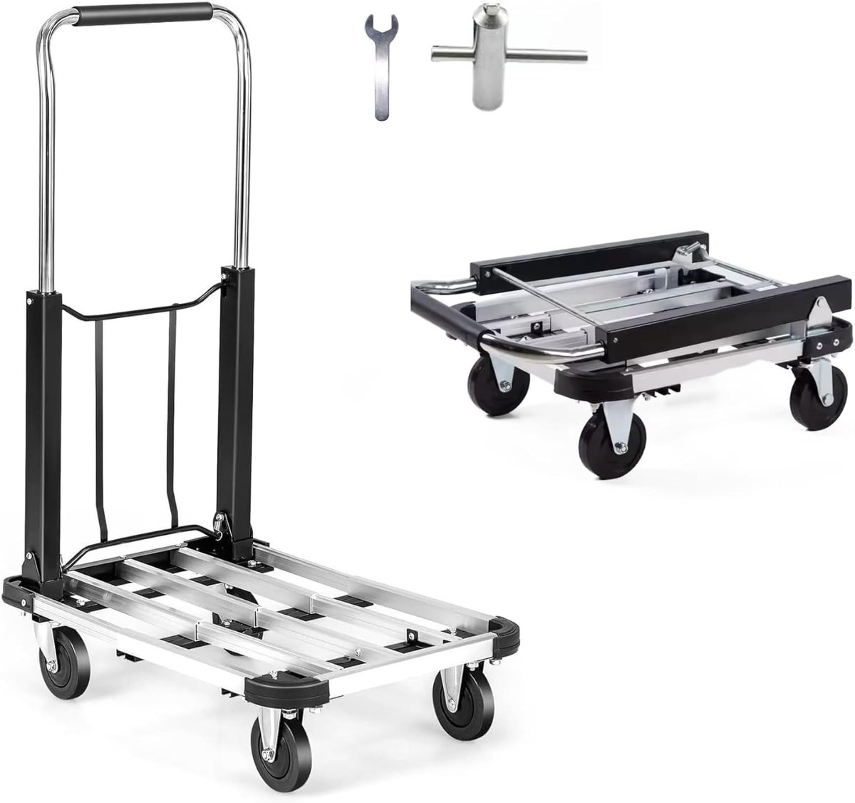Steekwagen, Aluminium Steekwagen, Opvouwbare Uitschuifbare Wagen met 4 Antislipwielen, Platformwagen met een Capaciteit van 150 kg, Transportwagen in Magazijnen, Tuin, Huis, Verhuizingen