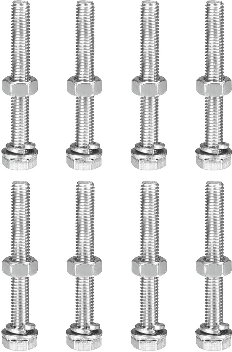 Zeskantschroeven, M6 x 50 mm, moeren, sluitringen, plat en diefstalbeveiligingsset, zeskantschroeven, volledige schroefdraad, roestvrij staal, 304 en 8 set