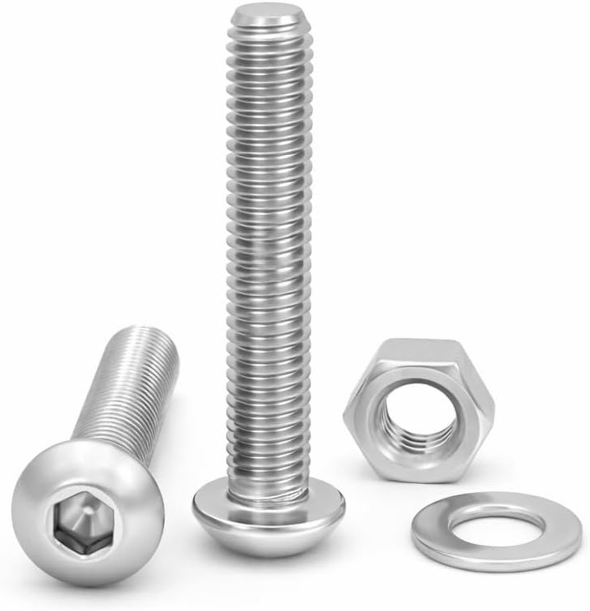 Roestvrij staal AISI 304 (A2). Afmetingen M8 x 50 mm. Inclusief 20 schroeven met 20 moeren en 20 sluitringen (60 stuks). Roestvrijstalen schroeven met volledige schroefdraad.
