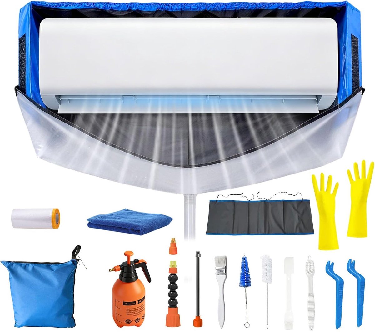 Reinigingsset voor airconditioning split met verstelbare zak en zijwanden, reinigingsset voor airconditioning thuis (M, blauw-wit transparant)