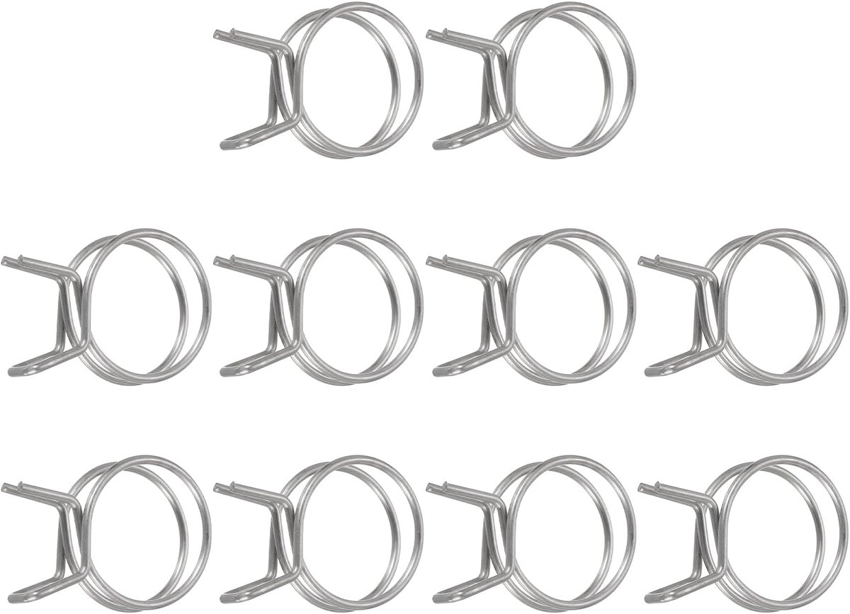 10 stuks 28 mm binnendiameter dubbele draad-veerbandklem, roestvrij staal, verstelbare veerclips voor slang, brandstofleiding, siliconen slang, waterbuis, luchtbuis