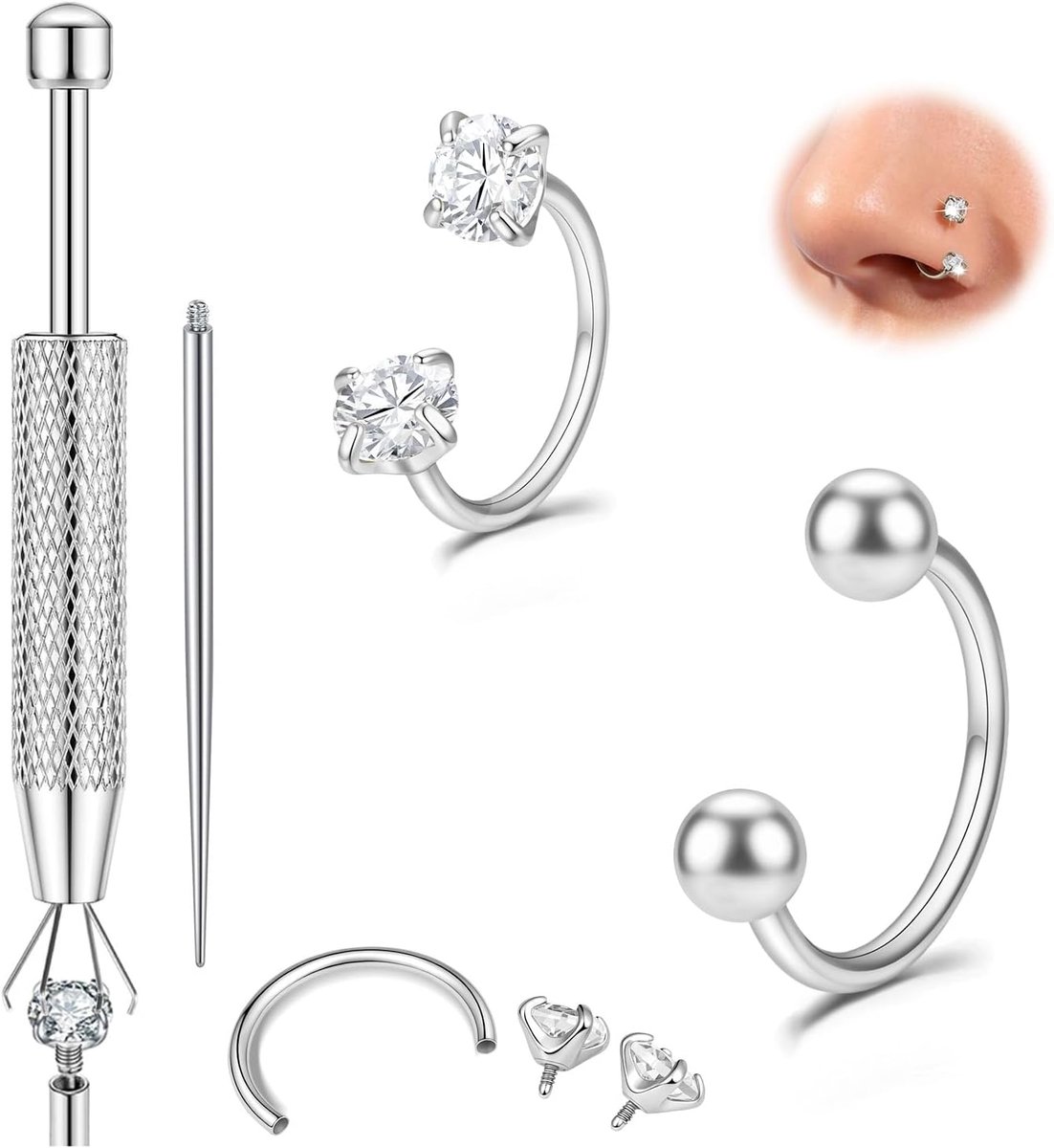 20 g hoefijzer-neuspiercing met twee stenen voor dames en heren | 7-8 mm septum-piercingsieraad (goud/zilver) – hypoallergene neusring van titanium
