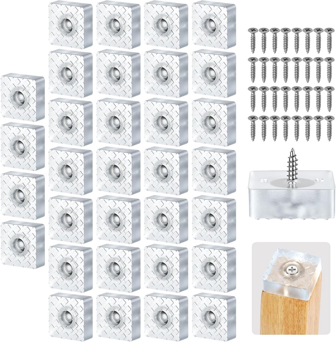 32 stuks antislip rubberen voetjes, 30 x 30 mm, vierkant met schroef | Rubberen poten voor stoelen, duurzaam, antislip, voor meubels, tafels, bureaus, stoelen en banken, transparant
