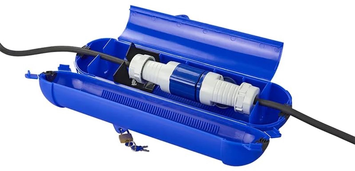 Waterdicht IP44 outdoor - beschermbox voor verlengkabel en veiligheidsstekker - CEE, beschermhoes, trekontlasting, in zwart, blauw, groen, rood (blauw, voor CEE-stekker)