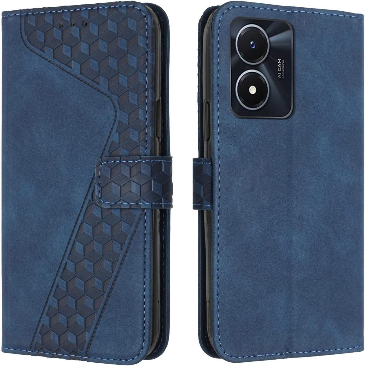 Hoesje voor Vivo Y02S/Y16 4G, Lederen Portemonnee Telefoonhoesjes met Standaard Magnetic Shockproof Flip Leather Wallet Book Case（Blauw）