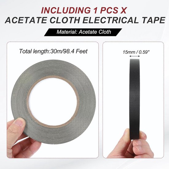 Acetaatweefseltape, 15 mm x 30 meter, zwart, isolerende stoffen tape voor laptop, elektrisch, auto, gitaarreparatie, kabelboom — afbeelding 5