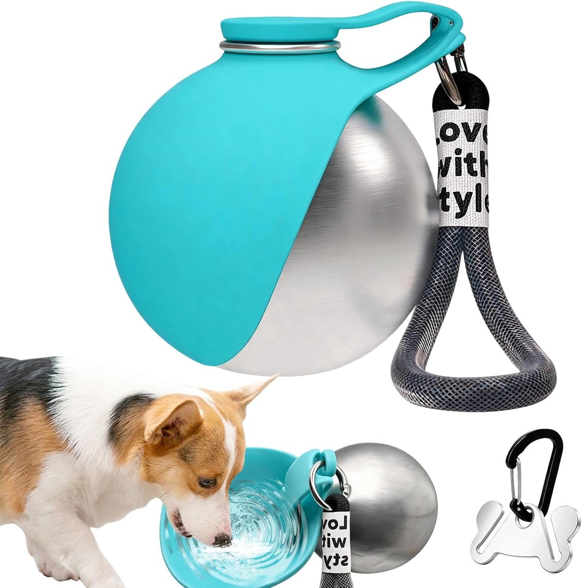 Drinkfles voor honden voor onderweg, 285 ml roestvrij staal met opvouwbare siliconen bak, lekvrije compacte hondendrinkfles voor wandelingen, wandelen en reizen, met aparte poepzakhouder (blauw)