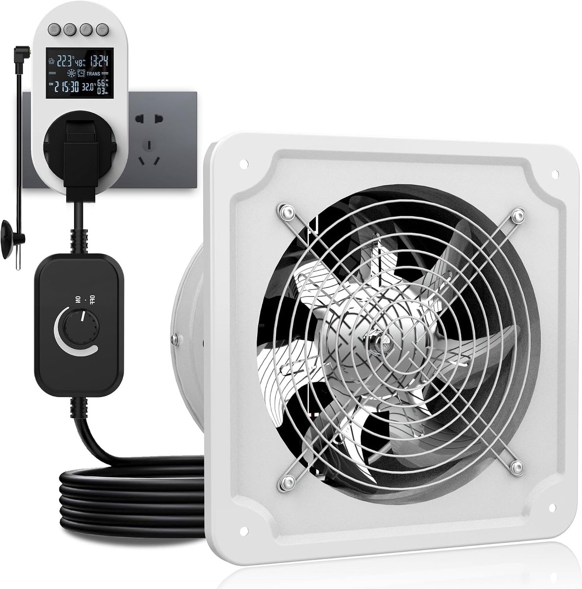 Afvoerluchtventilator met intelligent stopcontact, badkamerventilator, stil, 527 m³/u, industriële wandventilator met terugloopklep voor broeikassen, badkamer, keuken, garage, loft, wit