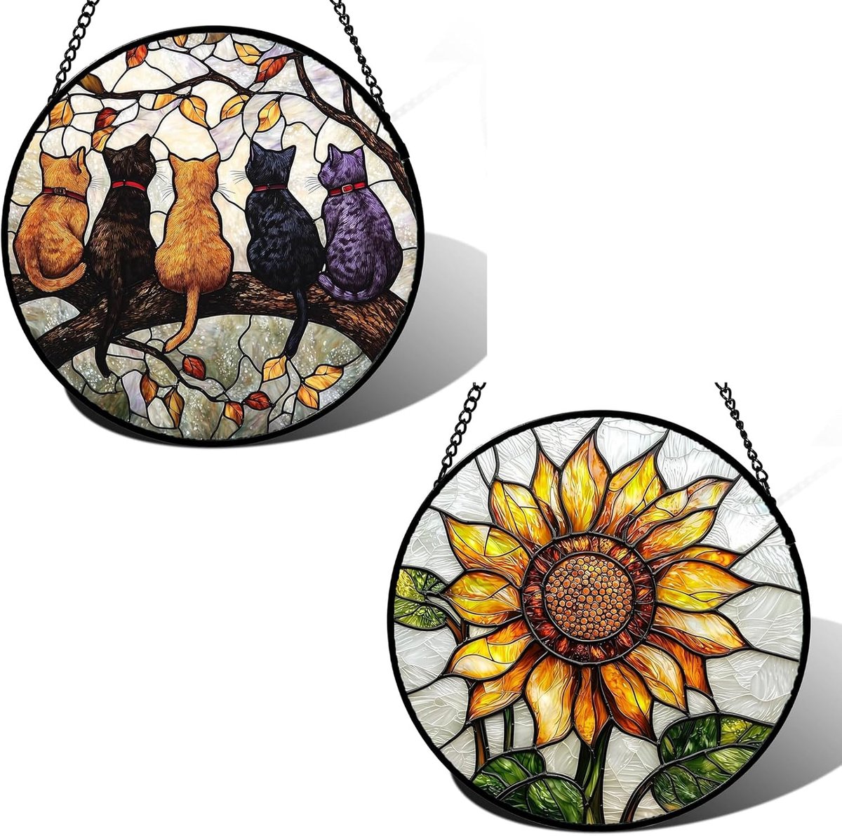 Zonnevanger, glas, 2 stuks, ophanging, raam, 15 cm, zonnevanger, rond, kat en zonnebloem, decoratie, licht, glas, kleur, huis, tuin