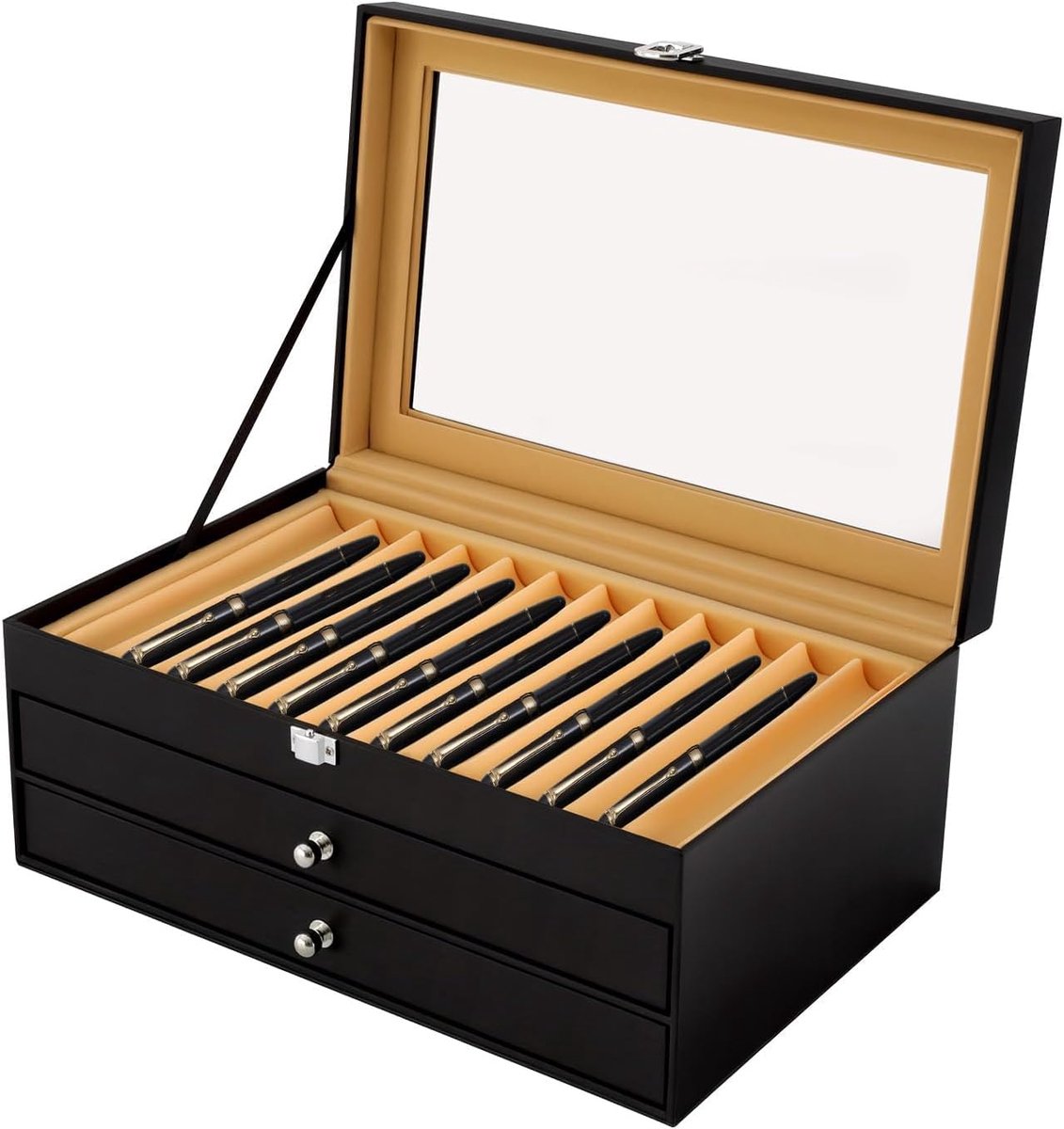 pennen-displaybox 3-traps - lederen pennenhouder - opbergdoos met 2 laden - veilige bescherming voor 36 pennen - SnelShoppen
