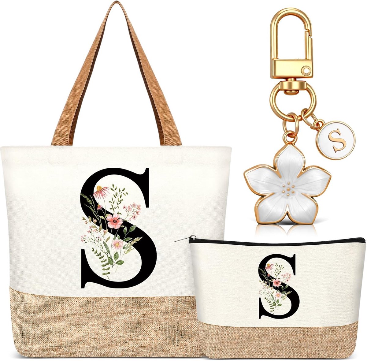 Set van 3 Cadeaus voor Vrouwen 1 Gepersonaliseerde Canvas Tas met Initialen 1 Toilettas met Naam Beautycase 1 Sleutelhanger met Brief voor Vrienden Collega Verjaardagen Bruiloften (Beige, S)