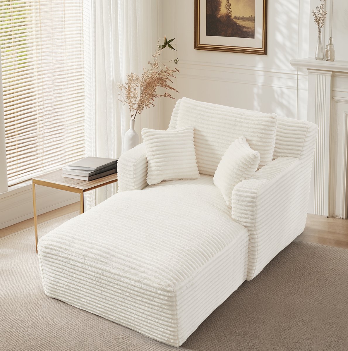 DESMIU Chaise Longue 1-Zits 166 Cm - Zonder Montage Met Koudschuim En Pocketveren - Voor Woonkamer, Kantoor En Appartement - Ribstof - Cream